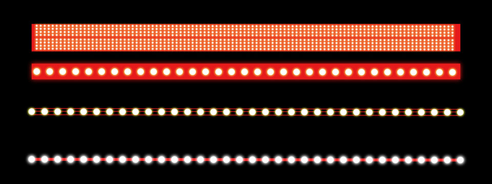 vector illustration of a glowing neon sign, Marquee strip set, red led light ribbons on transparent background. Realistic neon light bulb, vector illustration. vintage marquee borders collection