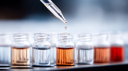 Close-up of a pipette droplet falling into colorful lab vials, showcasing chemical analysis in a modern laboratory setting.
