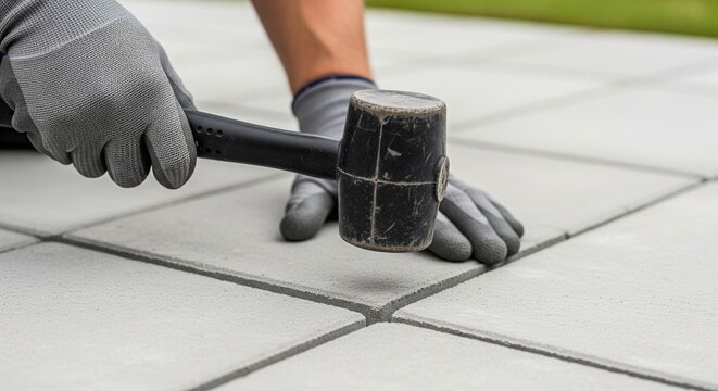 Securing Premium Paving Blocks with Rubber Mallet