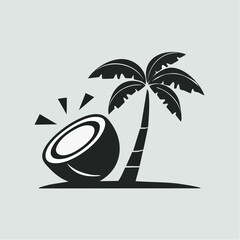 Black-and-white retro-style vector of a coconut tree with falling coconuts. Minimalist vintage design featuring bold lines and classic tropical imagery
