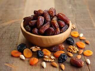 Delicious dried dates in a wooden bowl with mixed nuts and fruits