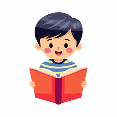Vector illustration of a young boy reading a book, wearing a blue-and-white striped shirt. Cute, educational scene suitable for learning materials and children&rsquo;s content