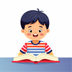 Vector illustration of a young boy reading a book, wearing a blue-and-white striped shirt. Cute, educational scene suitable for learning materials and children&rsquo;s content