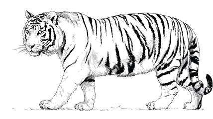 Fototapeta premium Majestic Tiger Drawing with Striped Tail in Black and White