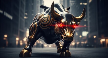 A futuristic, robotic bull statue with glowing red eyes and intricate golden designs in a cityscape background.