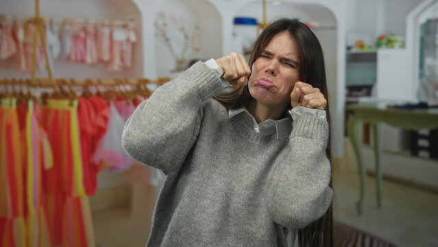 Young hispanic woman makes a mocking crying gesture in a colorful clothing store, surrounded by vibrant fashion in a retail indoor setting.