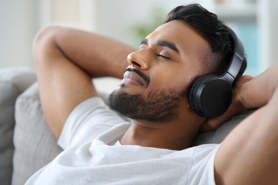 Man relaxing with headphones listening to music on sofa for stress relief