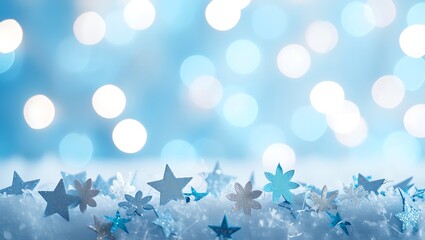 Winter holiday decorative elements with bokeh lights on blue background