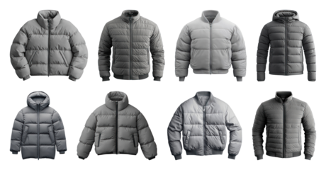 PNG Diverse gray puffer jackets collection, element set on transparent background