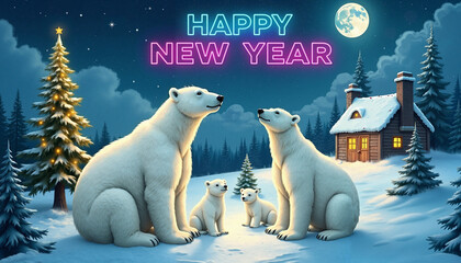 Polar bear family with joyful mood celebrating New Year against snowy night background with neon sign