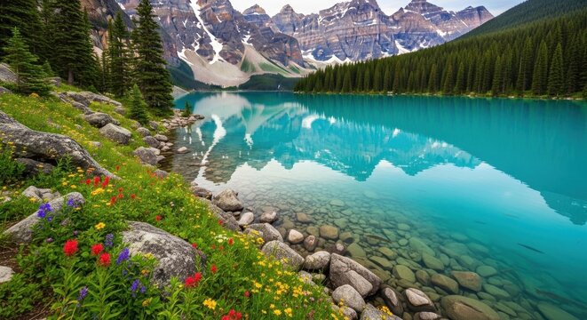 A serene mountain lake with vibrant blue water and lush greenery, reflecting the surrounding mountains and snow-capped peaks.