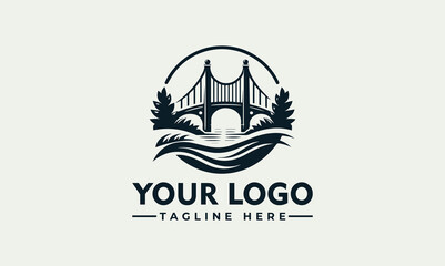 Elegant vector logo of a classic bridge over a river with pine trees, a circular emblem for travel or business design