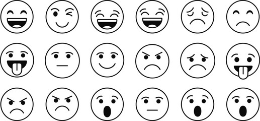 Large set of black and white vector outline emoji icons displaying various emotions, including happy, sad, angry, surprised, laughing, and neutral faces for communication design.