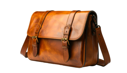Brown leather satchel bag with shoulder strap and brass buckles