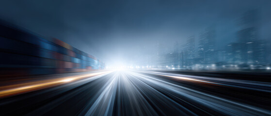 Light trail motion blur highway night city speed futuristic urban skyline foggy atmosphere