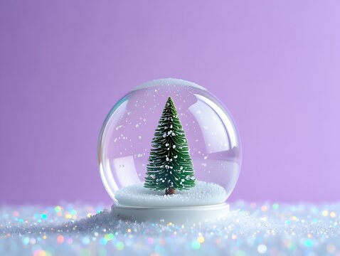 Festive snow globe with a green christmas tree on glitter snow