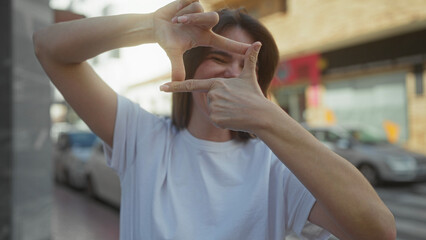 Woman making frame gesture with hands on busy city street in a playful manner, showcasing positive...