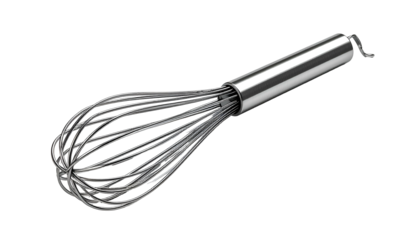 Metallic whisk angled, bright silver handle, twisted wire structure