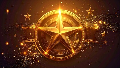 Golden Star Emblem with Sparkling Lights and Festive Atmosphere.