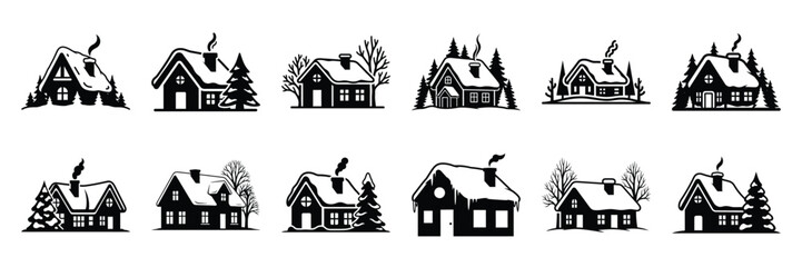 winter house icon set. silhouette Vector illustration.