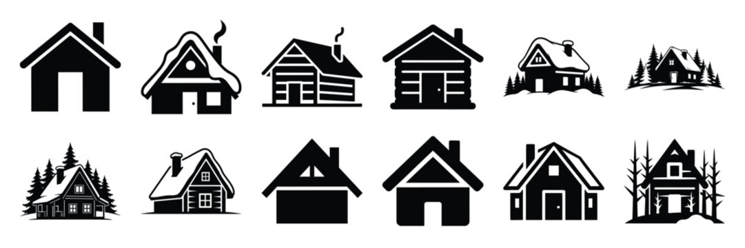 winter cabin icon set. silhouette Vector illustration.