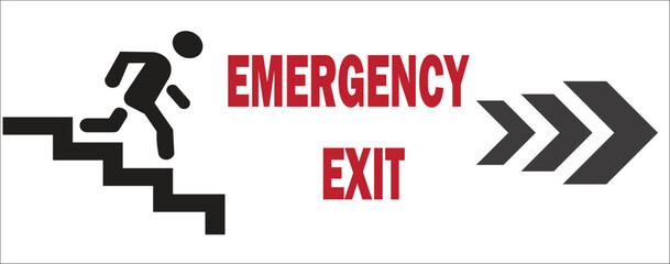 Emergency exit sign with running figure, bold red text and directional arrows, safety evacuation vector design for buildings and warning systems