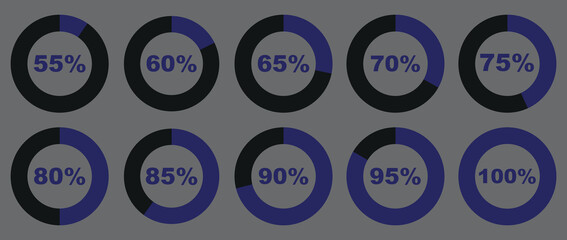 Colored pie chart set. Percent loading circle collection. Ring percentage pie chart diagram or loading circle collection. Vector illustration. 