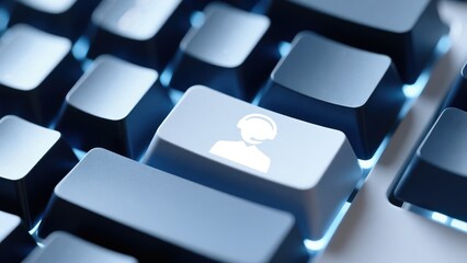 Highlighted service icon on cool blue keyboard in sleek tech scene focused on tech support and customer service