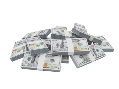 Stack of dollar bills arranged as a pile of money