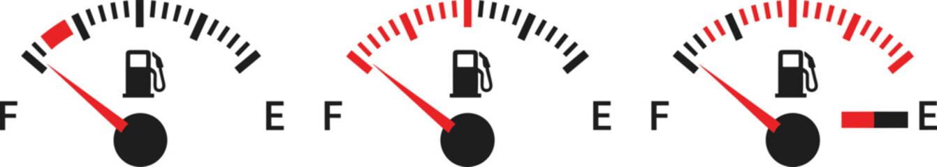 Vector illustration of car petrol gauges with varying needle positions from Full to Empty for monitoring gas consumption and vehicle performance.Vector illustration of car petrol gauges