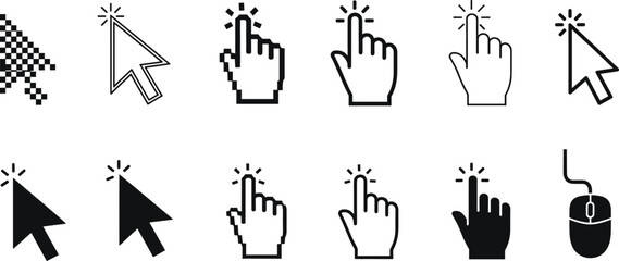 Vector icon set featuring various black mouse cursors, pixelated arrows, click hands, and a computer mouse, symbolizing digital interaction, web navigation, and selection.
