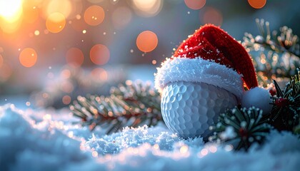A golf ball wearing a Santa hat nestled among pine branches and snow, capturing the festive spirit with bokeh lights in the background bokeh