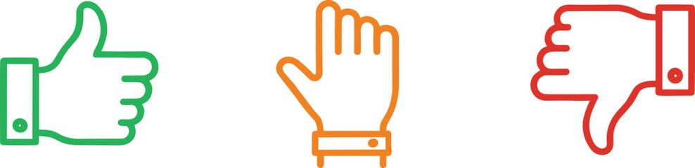 Obraz premium Vector outline icon set featuring thumbs up, thumbs down, and high five gestures in green, orange, and red, representing customer feedback, rating, approval, and disapproval.