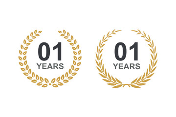 1st anniversary laurel wreath. 1 year anniversary floral laurel wreath. Anniversary icon or logo with laurel wreath. 1st year celebration label vector illustration