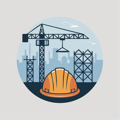 Bold construction site illustration showcases urban development with crane and safety helmet creating a sense of progress and modern infrastructure growth
