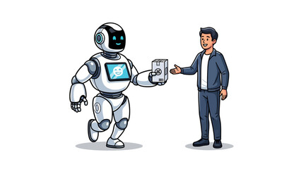 Robot offering a package to a smiling man
