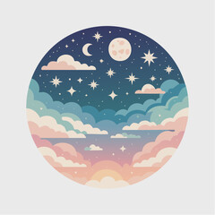 Dreamy celestial nightscape with moon, stars and clouds, perfect for children's book illustrations, bedtime stories or calming meditation backgrounds