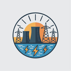Modern power generation emblem showcasing nuclear plant, transmission towers, and energy bolts for sustainable future, originally designed as vector art