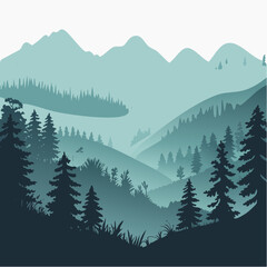 Serene mountain landscape with a foggy forest, perfect for nature lovers, wanderlust seekers, and outdoor adventure enthusiasts with a peaceful vibe