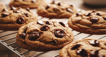 Close-up of freshly baked chocolate chip cookies cooling on a wire rack. The chocolate chips are still slightly gooey, and the cookies have a golden-brown crust. Warm, soft kitchen light. Sweet treat,