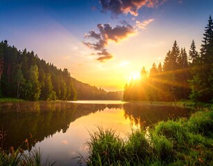 Golden Sunrise Reflecting on Serene Lake Surrounded by Forest.
