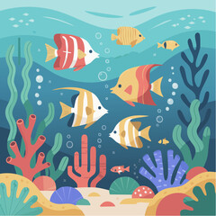 Vibrant coral reef scene with colorful tropical fish swimming among seaweed, perfect for educational materials and ocean-themed designs, cheerful marine life