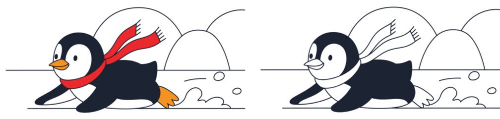 Energetic Cartoon Penguin with Red Scarf Sliding on Snow - Winter Fun and Adventure © MdAbdul