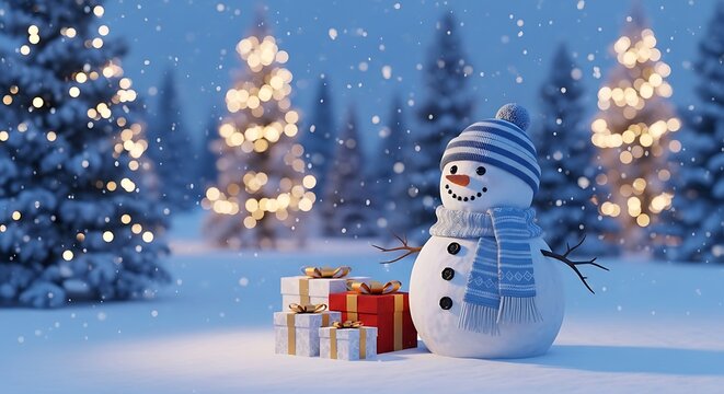 Snowman with gifts in a snowy forest with illuminated christmas trees