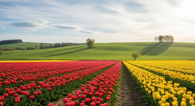 A vibrant field of red and yellow tulips with a dirt path in the foreground.
