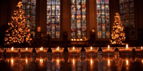 Lit candles inside a decorated church with stained glass windows and Christmas trees glowing in the background. Peaceful moment filled with warmth, light, and sacred stillness.
