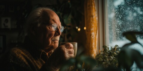 Lonely elderly man with glasses holds tea mug gazing at snowy window in dim room. Melancholic winter solitude, reflective quiet holiday eve vibe.