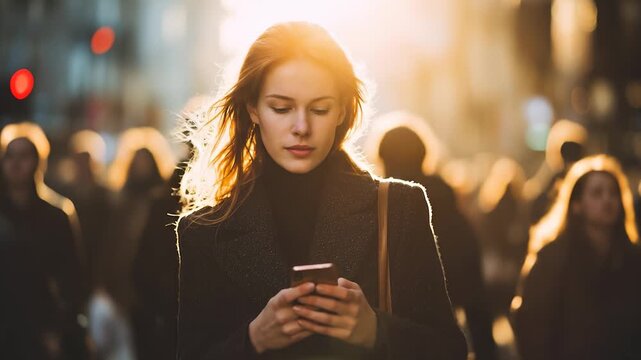 A woman stands on a busy street, looking intently at her smartphone as daylight shines around her. The bustling street is filled with people moving in all directions, creating a li
