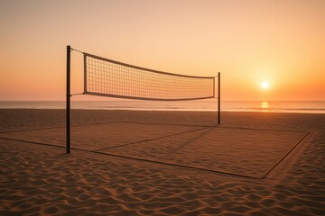 Beach volleyball court at sunset near the sea. Concept of peaceful summer atmosphere with warm golden light, calm shoreline and textured sand