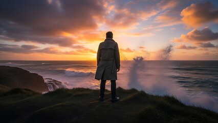 Fototapeta premium Person Contemplating the Ocean at Sunset - A Moment of Reflection.